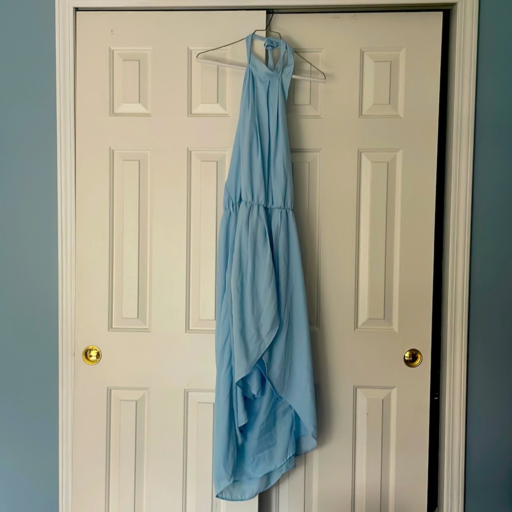 High necked light blue backless high low dress